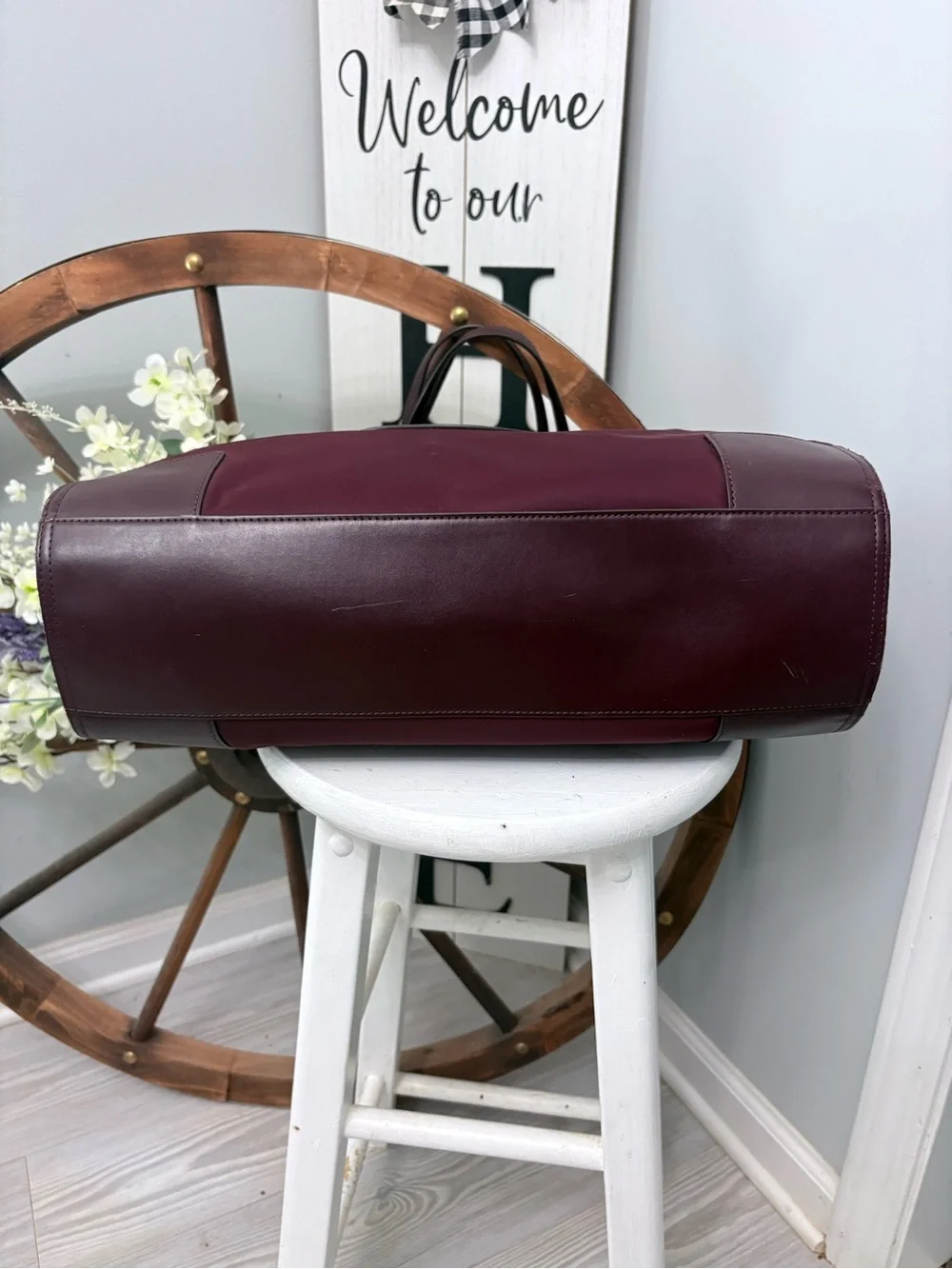 Tory Burch Maroon Nylon Logo Tote with Dark Brown Trim
